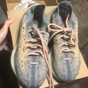 Yeezy Athletic Shoes in Blue and Tan with Peach Laces